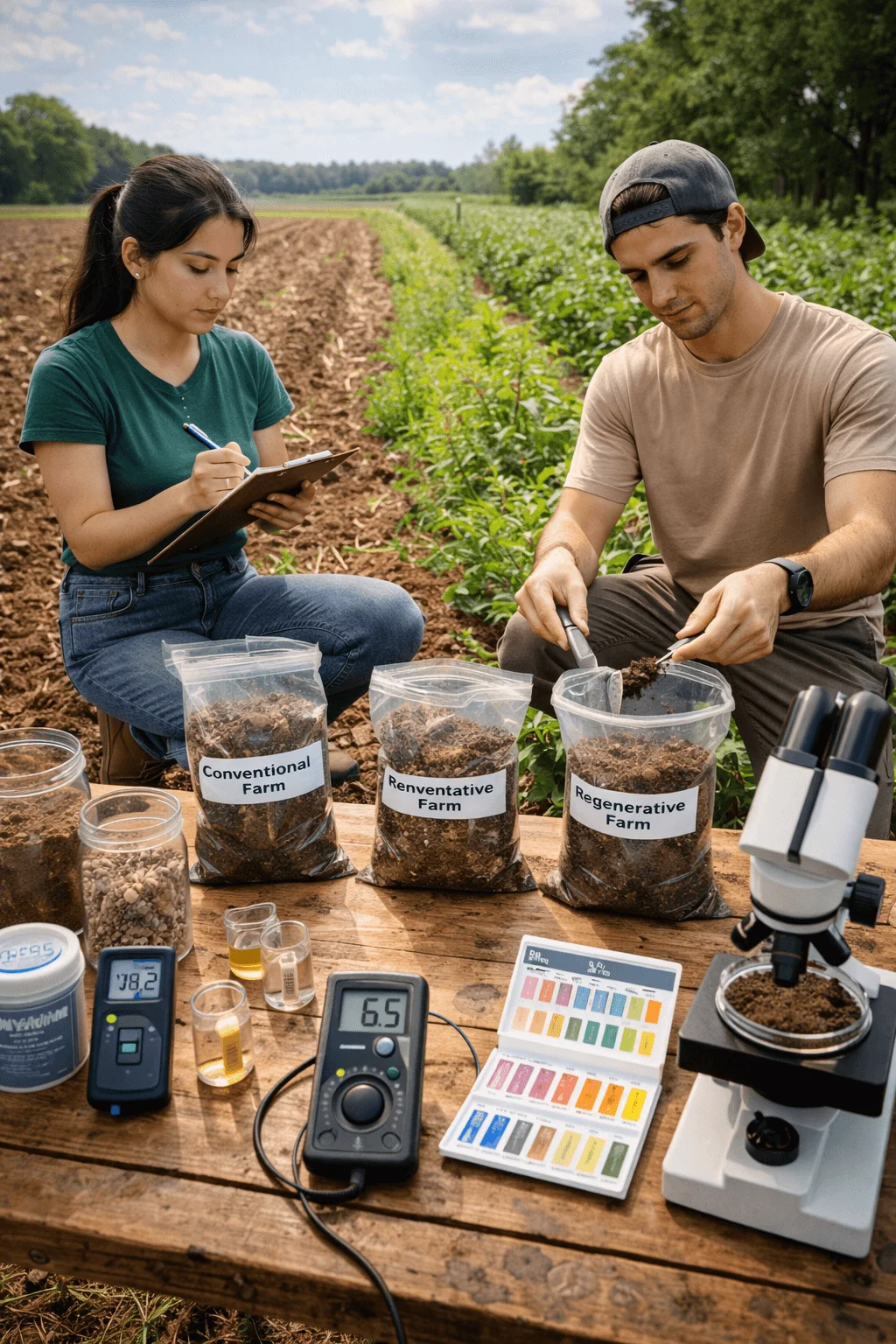 Two researchers conducting a soil study in an agricultural field, comparing soil samples from different farming practices. On the table are labeled bags of soil from Conventional Farm, Conservation Farm, and Regenerative Farm methods. They use scientific tools such as a pH meter, test tubes, color indicator charts, and a microscope to analyze soil properties. One person records observations on a clipboard while the other collects and examines soil samples, illustrating research on soil health and regenerative agriculture practices.
