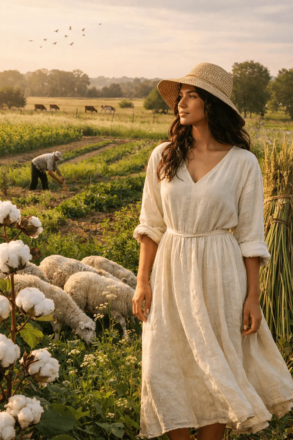 Regenerative fashion concept showing natural fiber clothing connected to sustainable agriculture. A woman wearing a simple linen dress stands in a countryside farm landscape with cotton plants, grazing sheep, and cultivated fields, illustrating the relationship between regenerative farming, natural fibers like cotton and wool, and environmentally responsible fashion production.