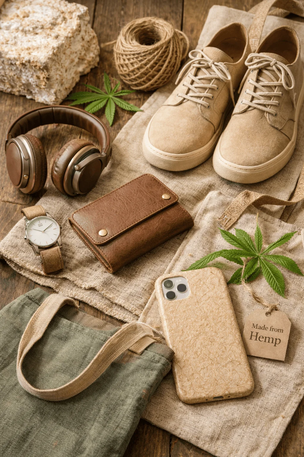 Collection of eco-friendly lifestyle products made from regenerative materials including hemp fabric sneakers a hemp tote bag biodegradable phone case leather wallet watch and headphones arranged on natural linen fabric with hemp leaves and a tag labeled made from hemp highlighting sustainable material innovation