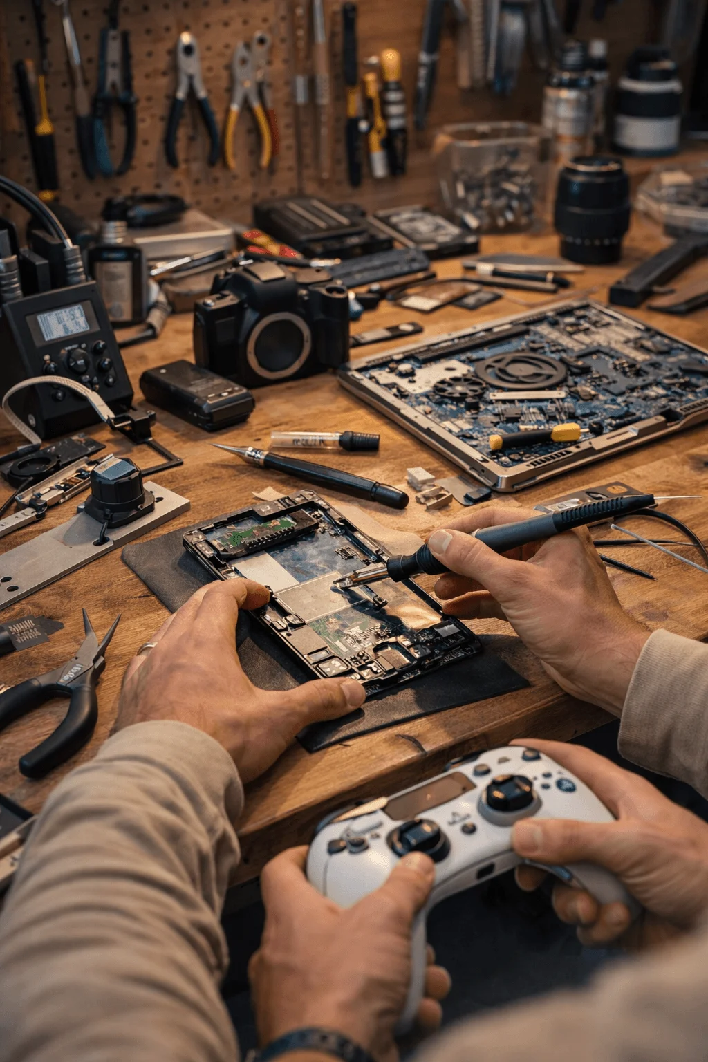 Technician repairing an electronic device with soldering tools at a workbench surrounded by cameras, components, and gadgets, illustrating repair and refurbished product platforms that extend the life of electronics.