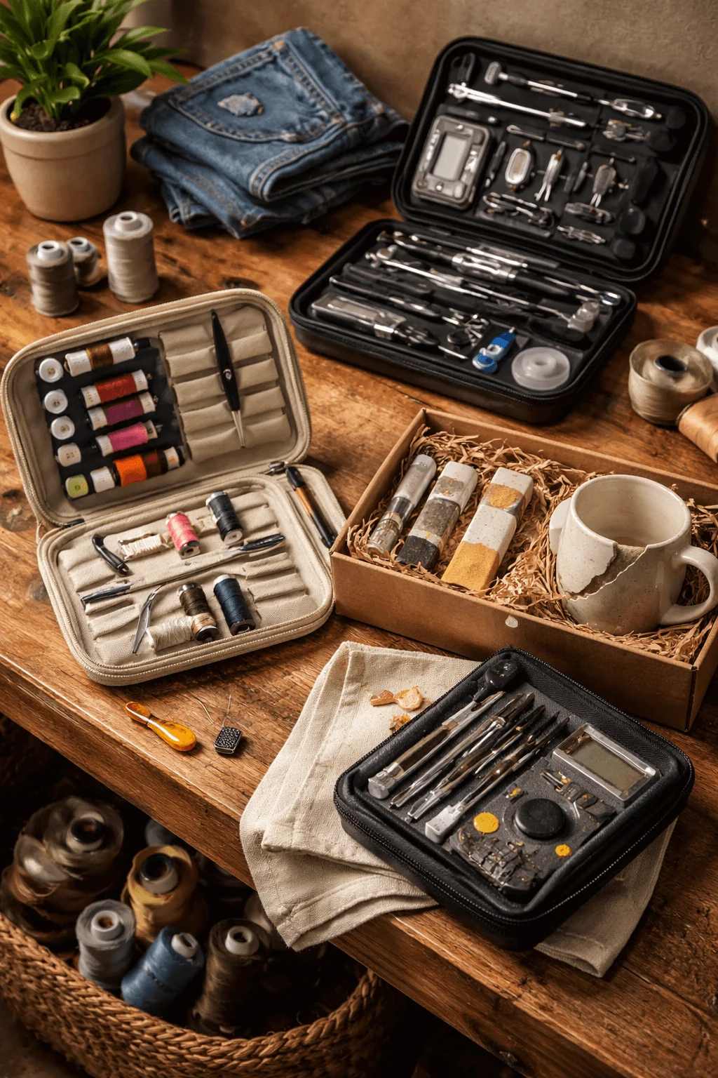 Repair and mending kits with sewing tools thread spools fabric repair supplies and electronic repair tools arranged on a wooden worktable with folded denim and a broken ceramic mug