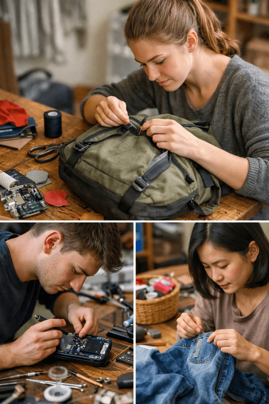 Collage showing students repairing everyday items including sewing a backpack, fixing a smartphone with tools, and stitching a tear in jeans at a worktable with repair supplies.