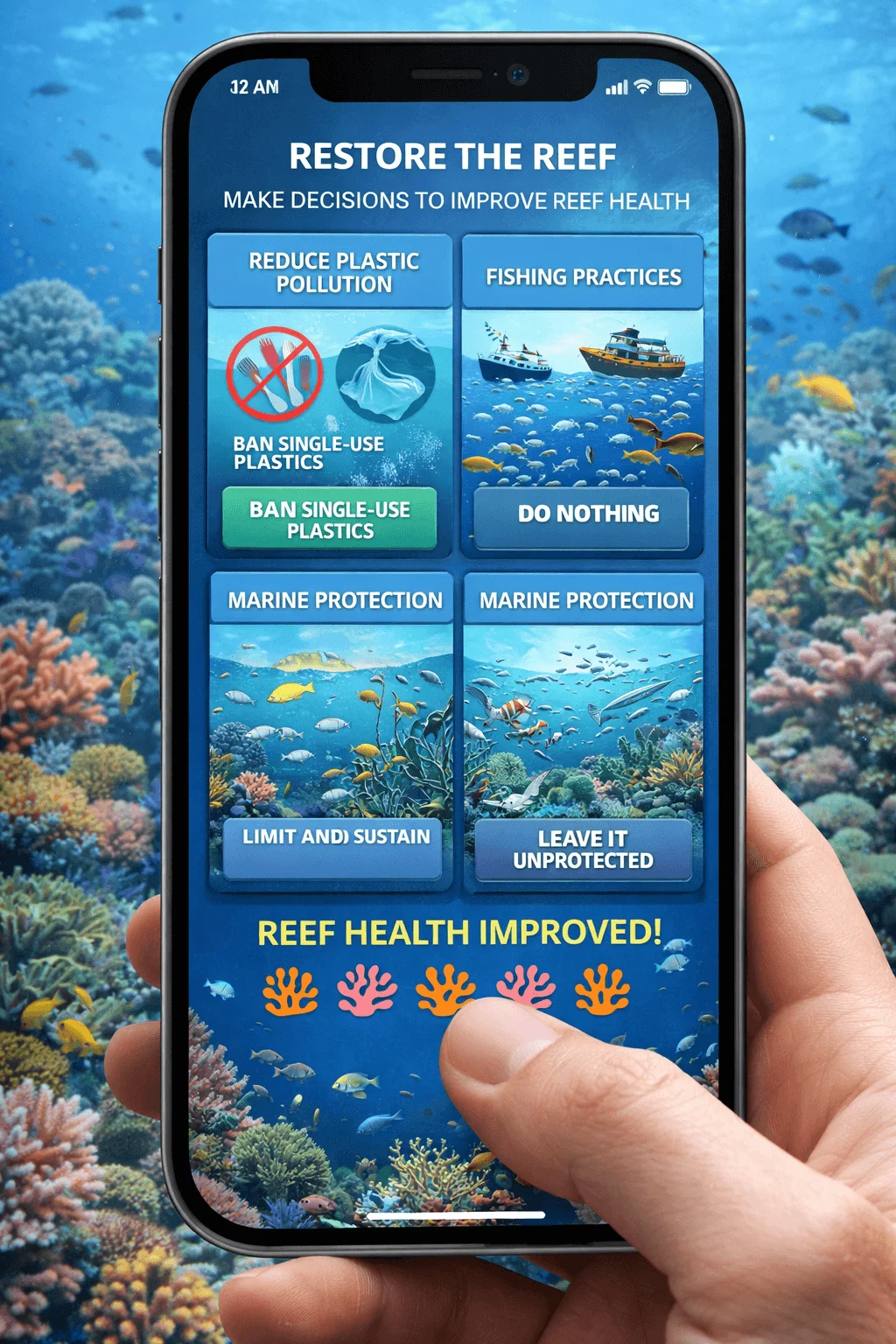 Smartphone displaying a reef restoration game where players choose actions to improve coral reef health.