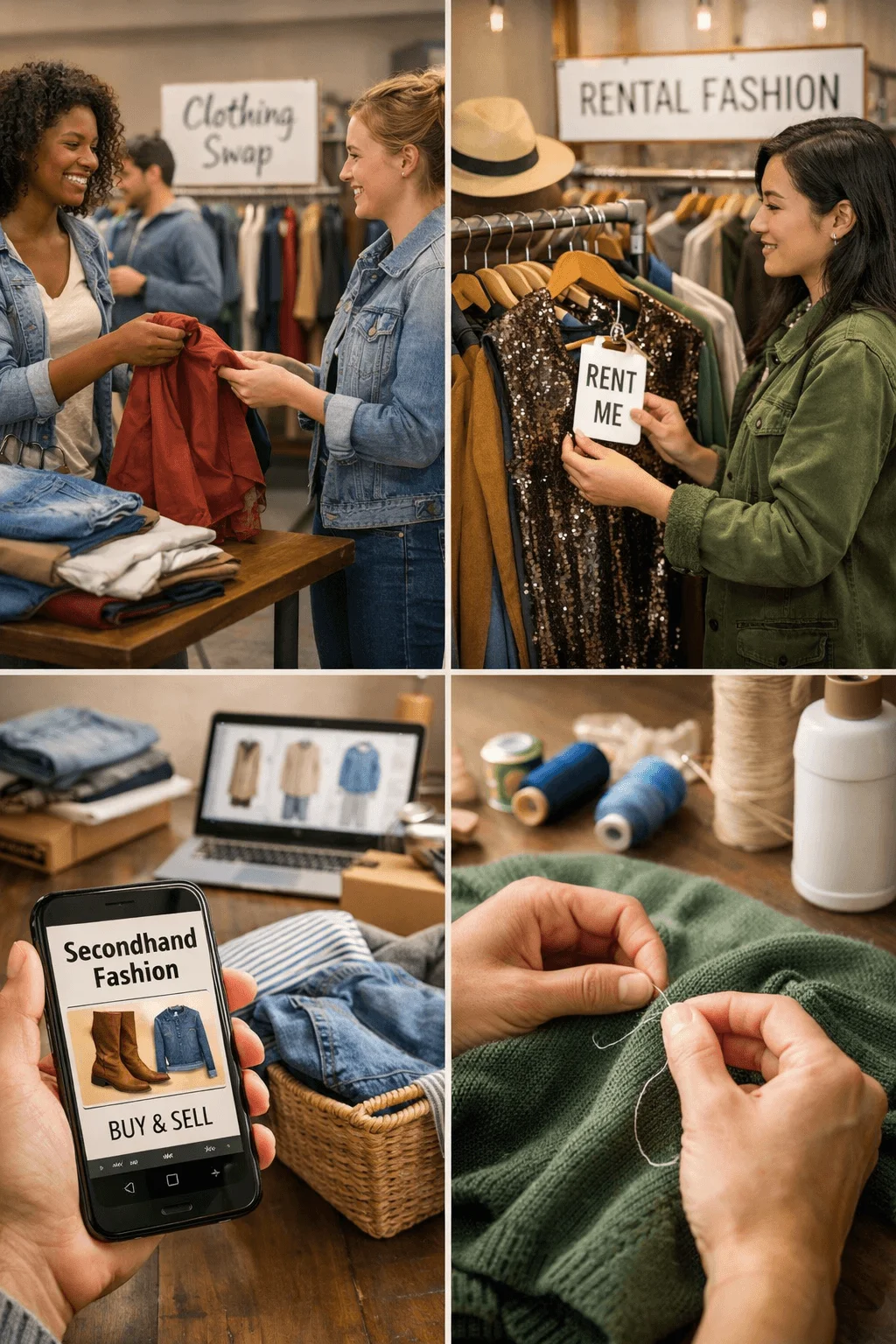 Collage showing clothing swaps, rental fashion, secondhand shopping through a mobile app, and repairing garments to promote sustainable fashion consumption.