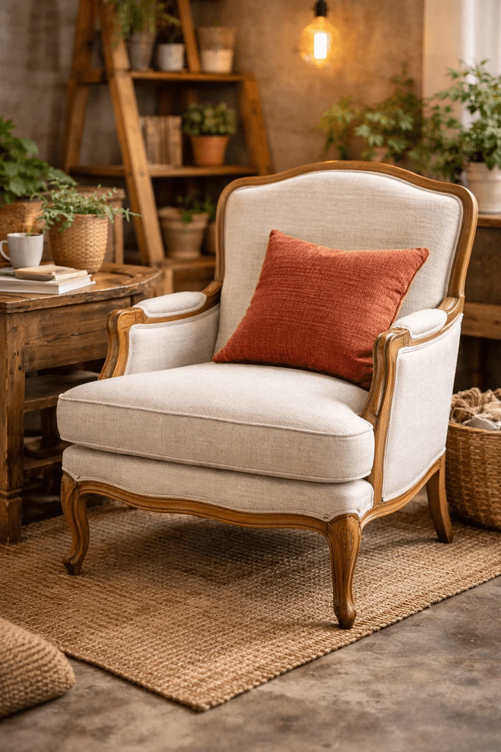 Vintage upholstered armchair with wooden frame and rust colored cushion placed in a cozy rustic living room with plants wooden shelves and warm ambient lighting