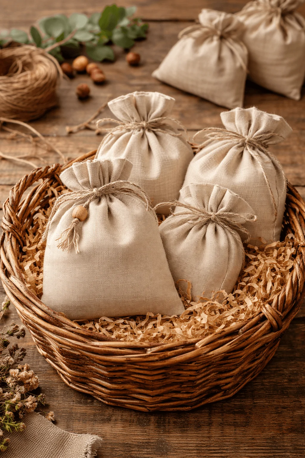 Reusable drawstring cloth sacks arranged in a woven basket with natural shredded paper filler on a rustic wooden table surrounded by twine eucalyptus leaves and dried flowers