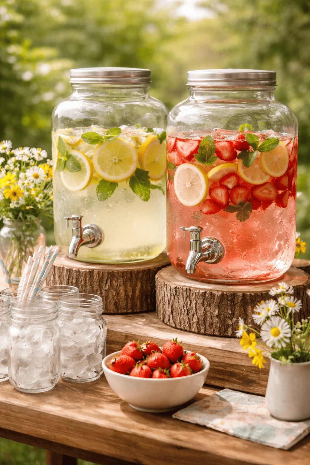 Two large glass drink dispensers on wooden stands filled with lemon mint water and strawberry lemon infusion surrounded by mason jars of ice fresh strawberries paper straws and small wildflower arrangements on a rustic outdoor table in a sunny garden setting
