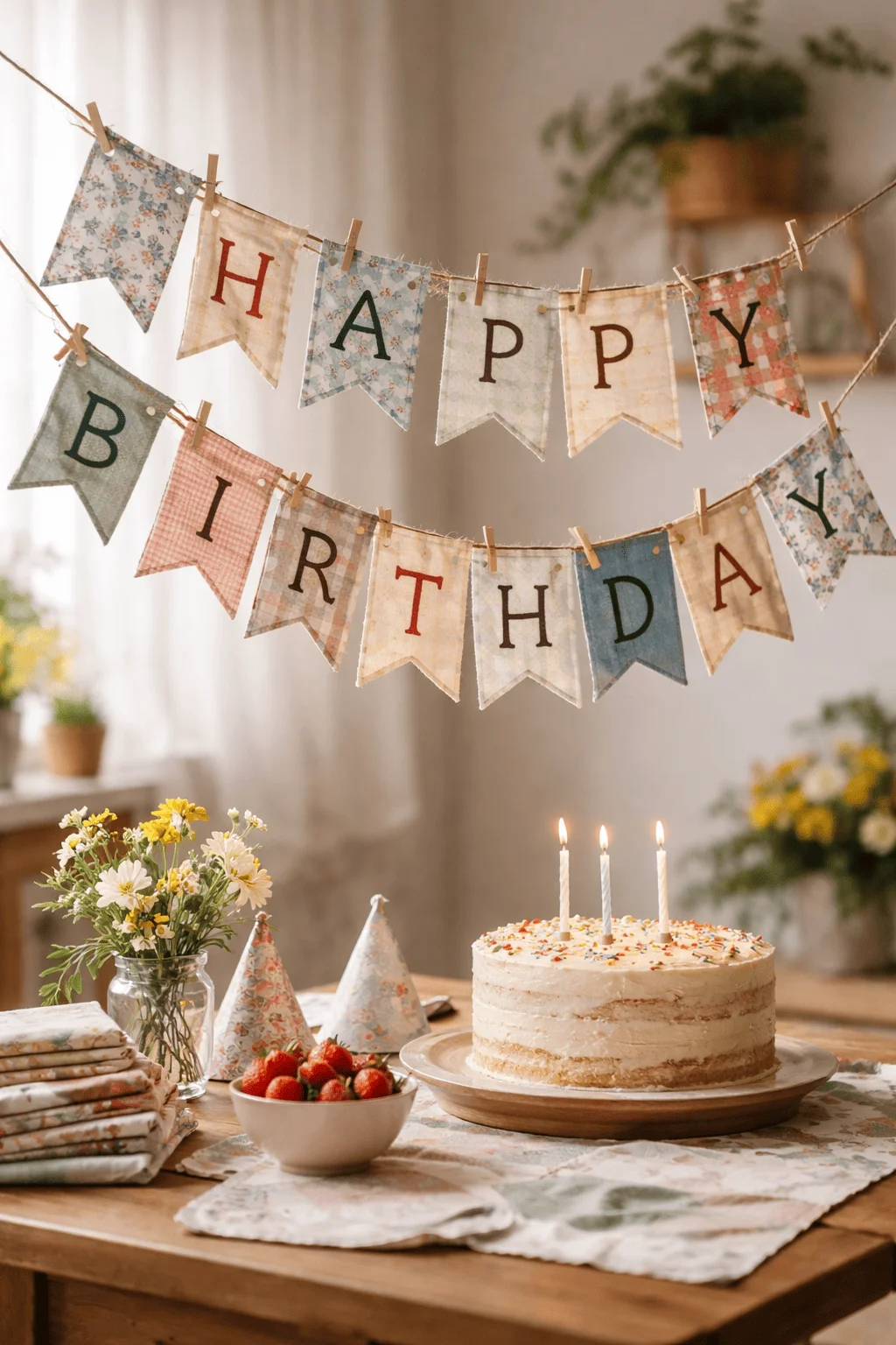 Reusable fabric happy birthday banner hanging indoors above a wooden table with frosted cake and lit candles fresh flowers strawberries folded cloth napkins and party hats in a cozy natural light setting