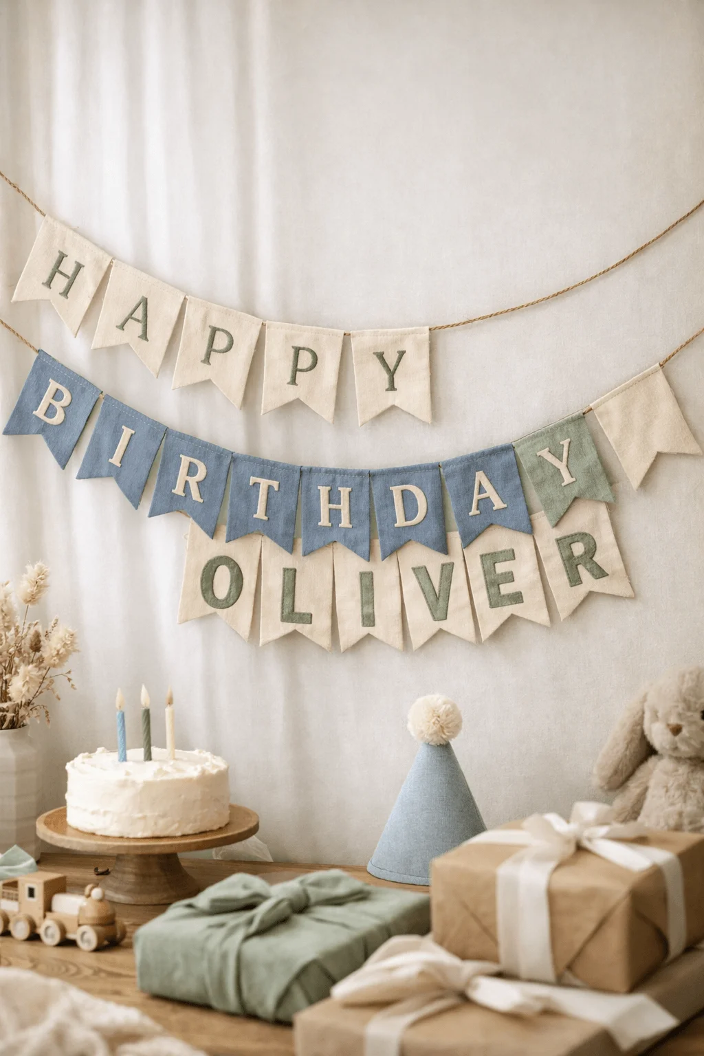 Reusable fabric birthday banner with happy birthday Oliver text hanging on a neutral wall above a simple cake wrapped gifts a soft toy and wooden toys in a minimal pastel themed setup