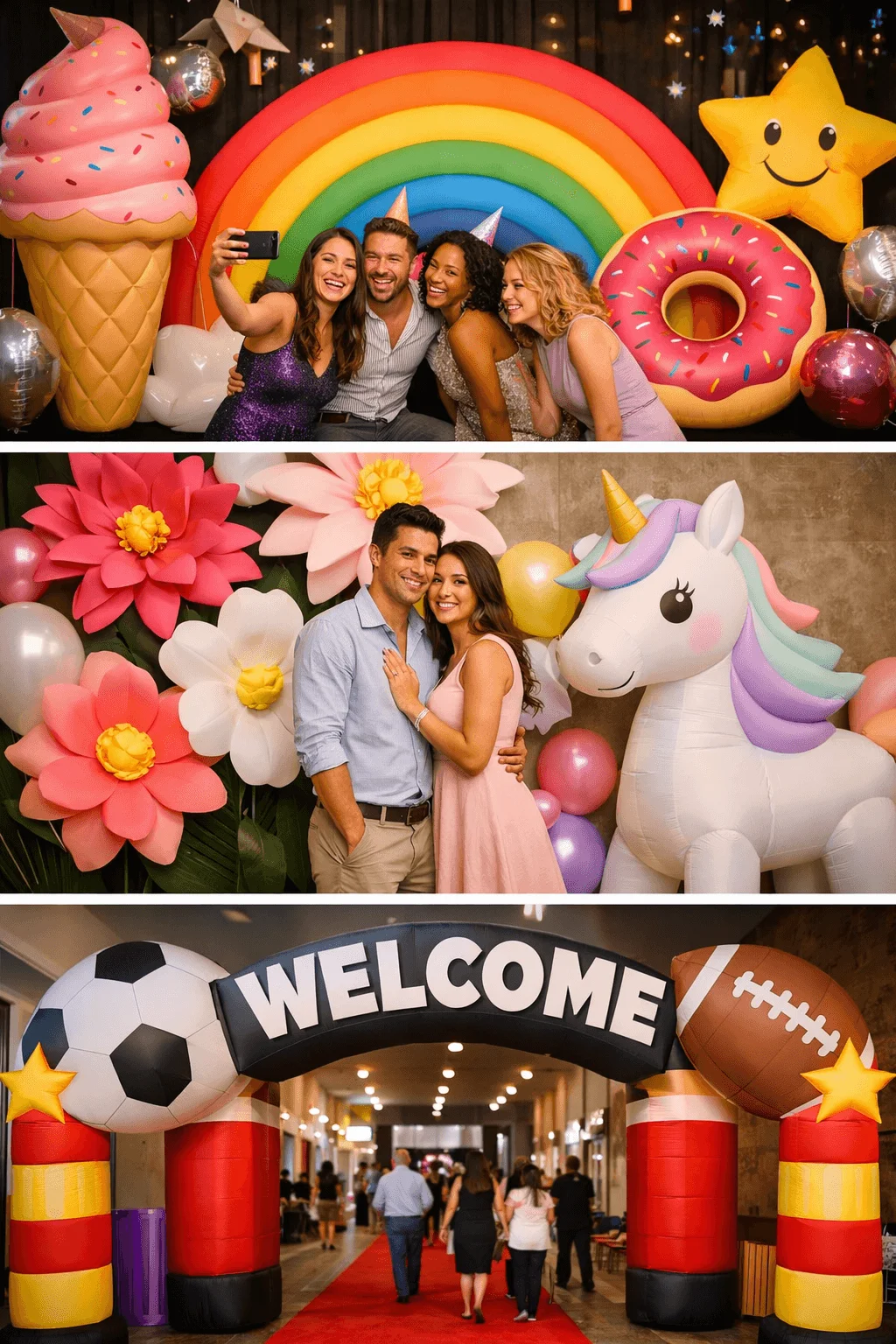 Three party scenes featuring reusable fabric inflatables including a rainbow ice cream and donut backdrop for a group selfie a floral and unicorn themed display for a couple portrait and a sports themed welcome arch with soccer ball and football decorations over a red carpet entrance