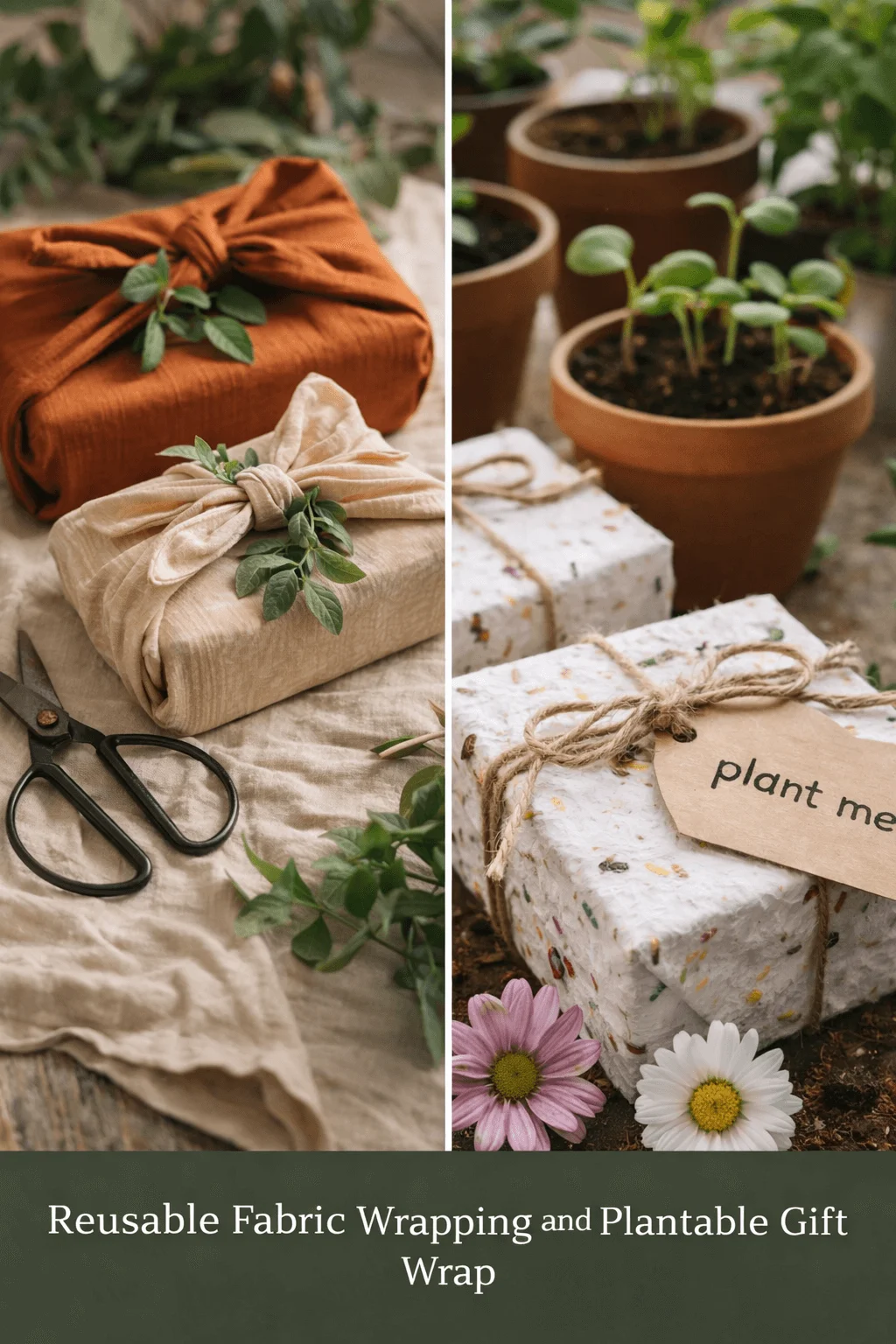 Split image showing sustainable gift wrapping ideas with reusable fabric furoshiki style wrapping tied around gifts on the left and plantable seed paper gift wrap packages labeled plant me with small seedlings growing in pots on the right representing eco friendly zero waste gift wrap options