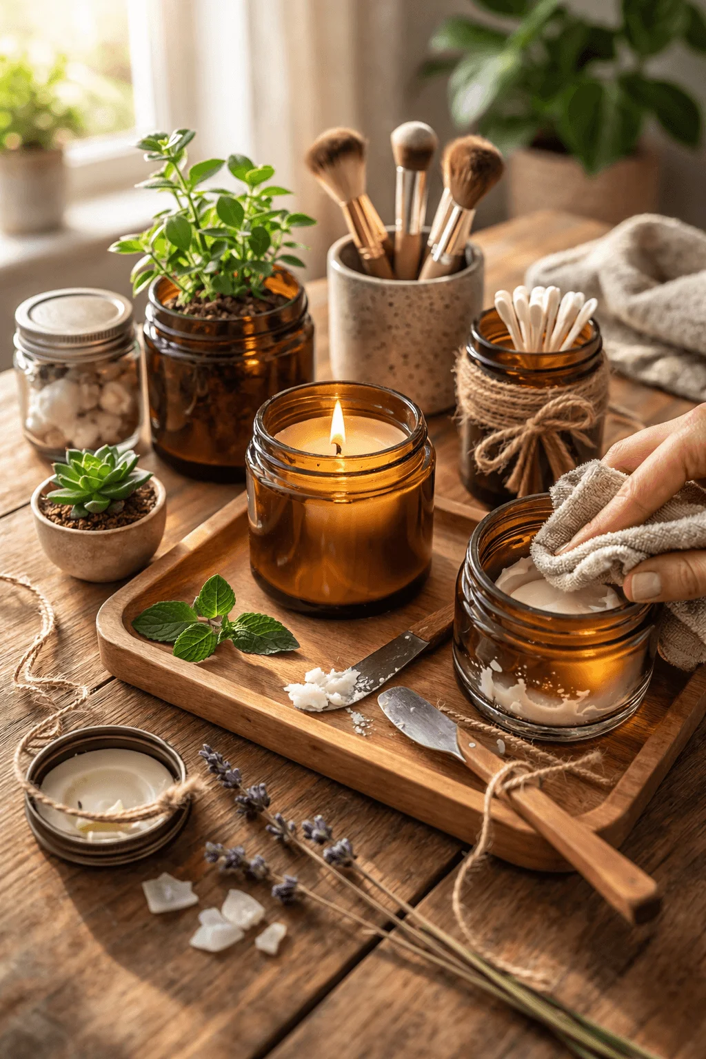 Reusable amber glass jars used as candle containers and storage, arranged on a wooden tray with plants, tools, and cleaning materials in a cozy workspace