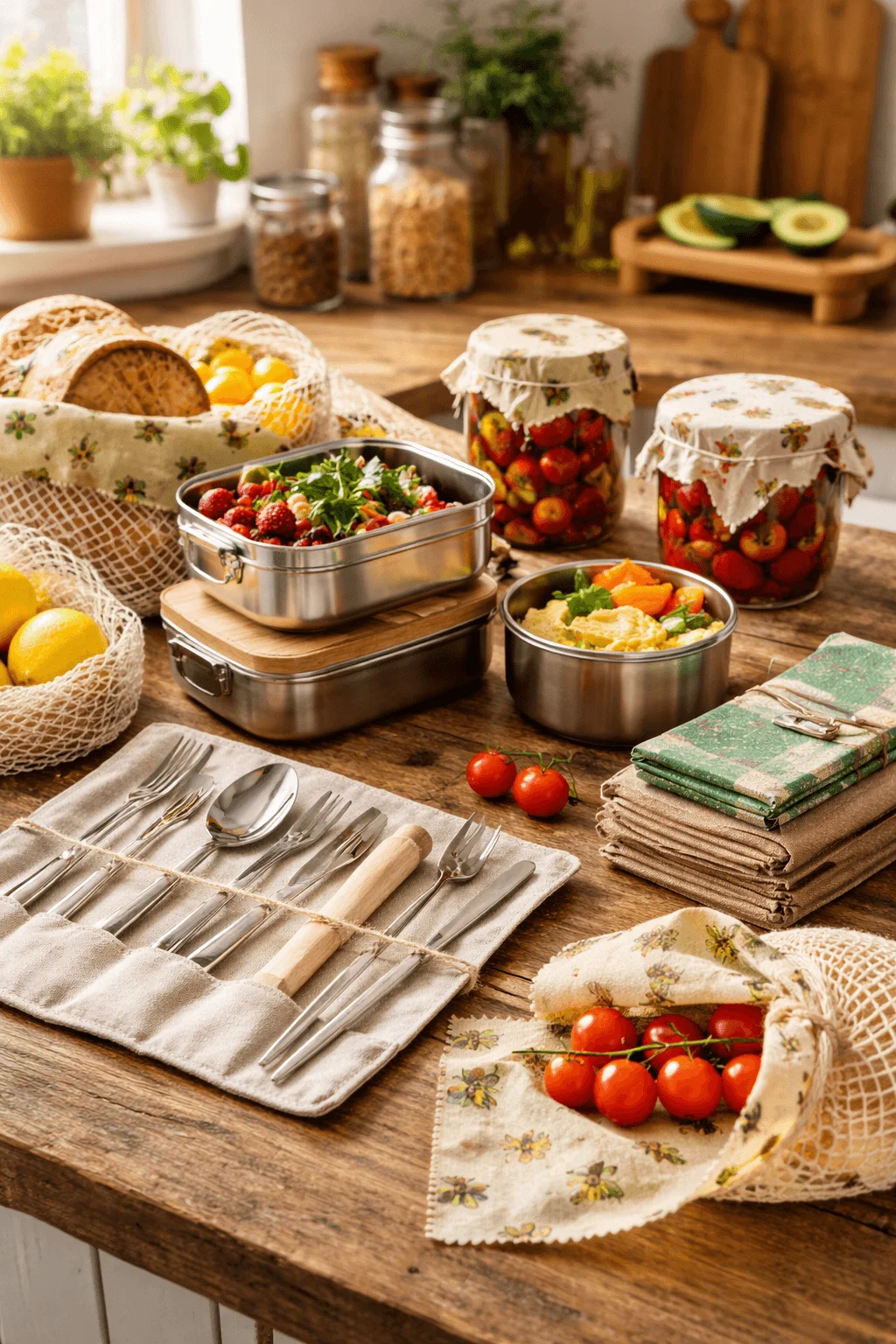 Reusable kitchen bundle displayed on a rustic wooden kitchen table featuring stainless steel lunch boxes cloth napkins reusable cutlery wrapped in a fabric roll beeswax food wraps glass jars filled with strawberries and fresh produce highlighting a zero waste sustainable kitchen setup