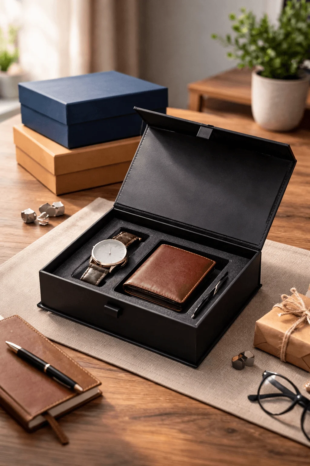 Reusable magnetic closure packaging box with a premium design, featuring foam inserts to neatly hold accessories like a watch and wallet for a luxurious unboxing experience