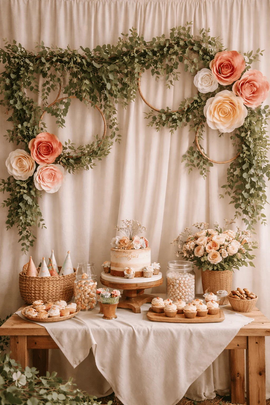 Elegant reusable party backdrop with cream fabric curtain greenery garlands and large paper flowers in blush and white tones wooden table display with decorated cake cupcakes glass jars of sweets woven baskets party hats and floral arrangements in a soft neutral setting