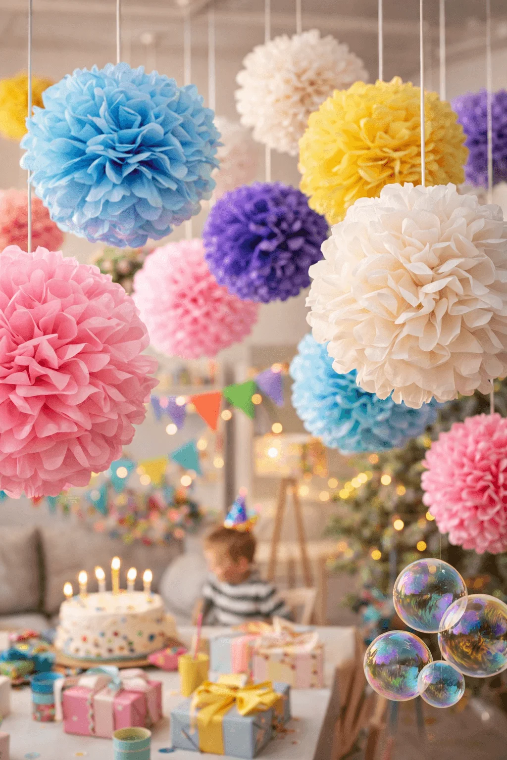 Colorful reusable tissue paper pom poms hanging from the ceiling above a decorated birthday table with wrapped gifts cake lit candles festive bunting and soap bubbles floating in a bright party room
