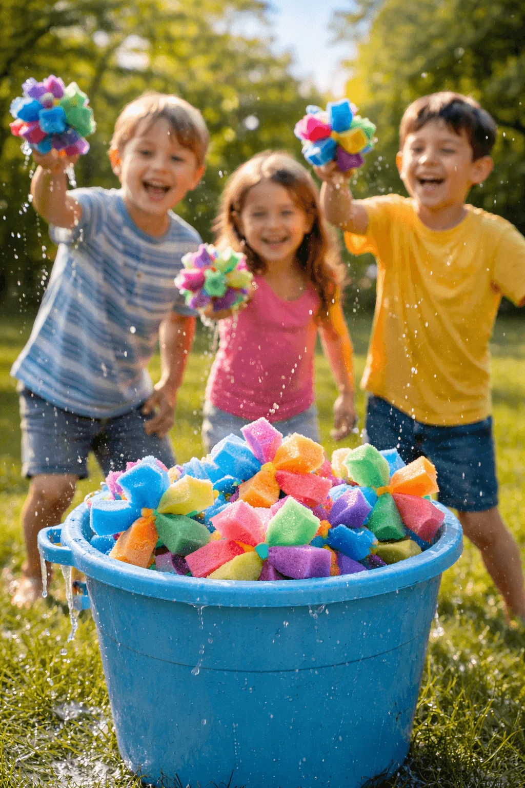 Three children playing outdoors on a sunny day tossing colorful reusable sponge water bombs from a blue bucket filled with water splashing around them