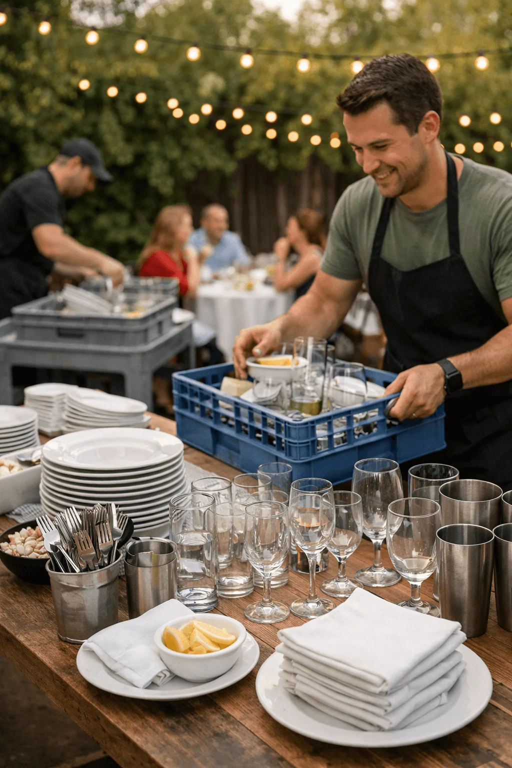 Outdoor event setup with stacks of reusable plates glassware metal cups cloth napkins and silverware on a wooden table as a staff member collects dishes in a crate under string lights with guests dining in the background