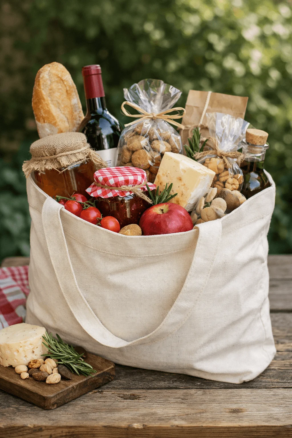 Reusable canvas tote bag used as a gift basket base filled with bread cheese wine jars of preserves fresh fruit nuts and herbs arranged on a rustic wooden table outdoors