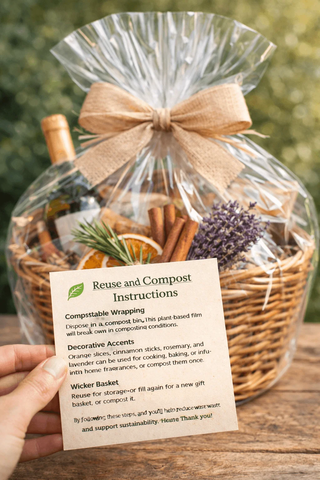 Hand holding a reuse and compost instruction card in front of an eco friendly gift basket wrapped in clear compostable film with burlap bow dried orange slices cinnamon sticks lavender and a wicker basket outdoors