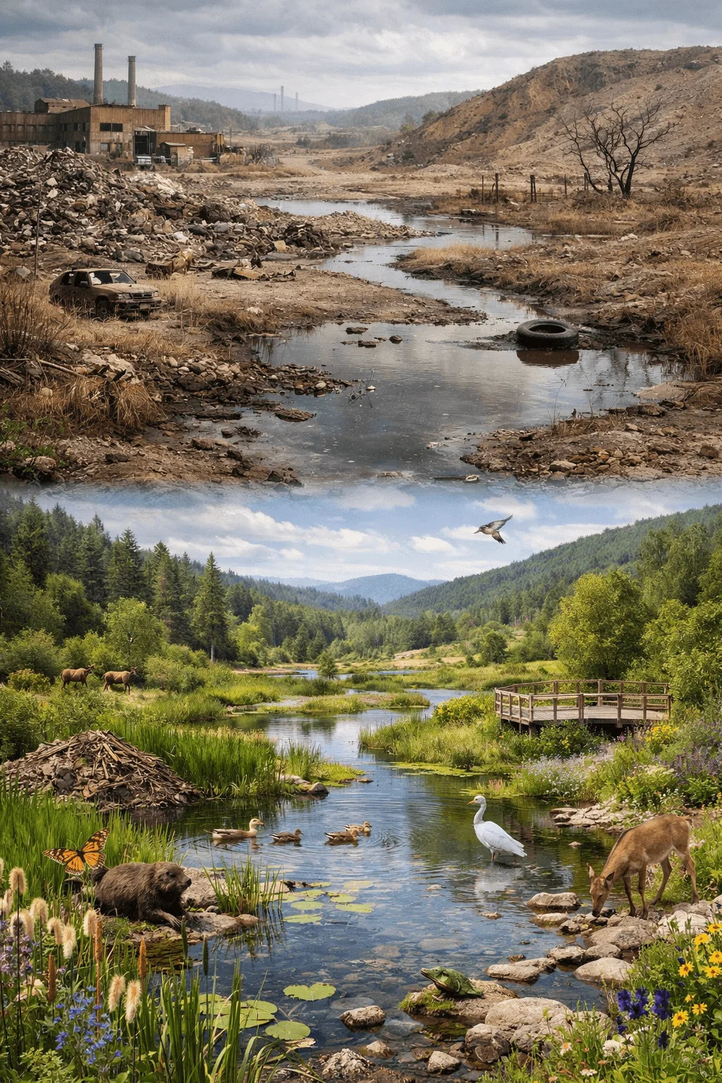 Split scene showing a polluted industrial landscape with trash and damaged waterways contrasted with a restored natural wetland filled with wildlife, illustrating environmental restoration and rewilding.