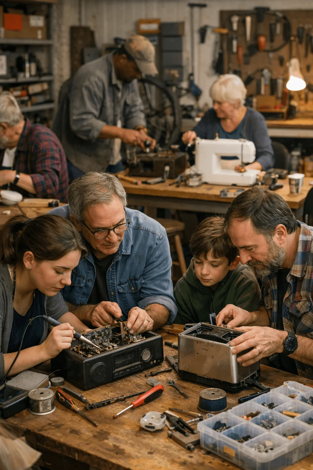 Community repair workshop where people of different ages work together to fix small appliances and electronics instead of replacing them.