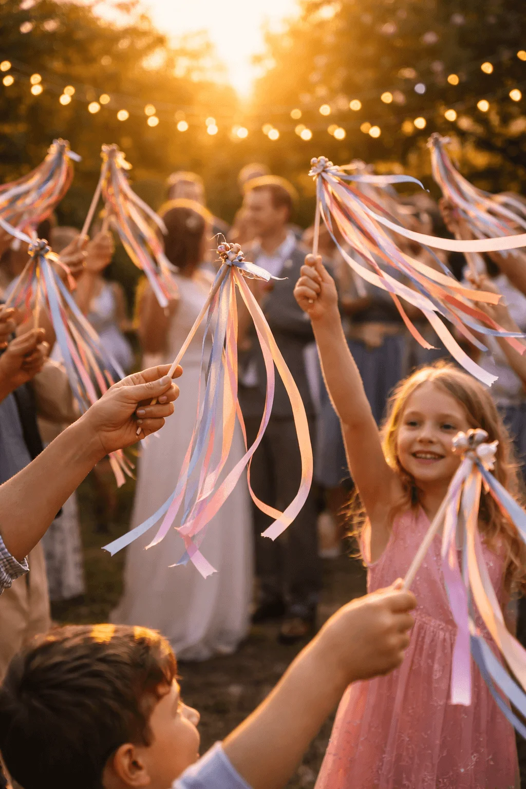 Guests including children holding pastel ribbon wands in the air during a sunset outdoor wedding send off with string lights glowing in the background and the couple blurred behind them