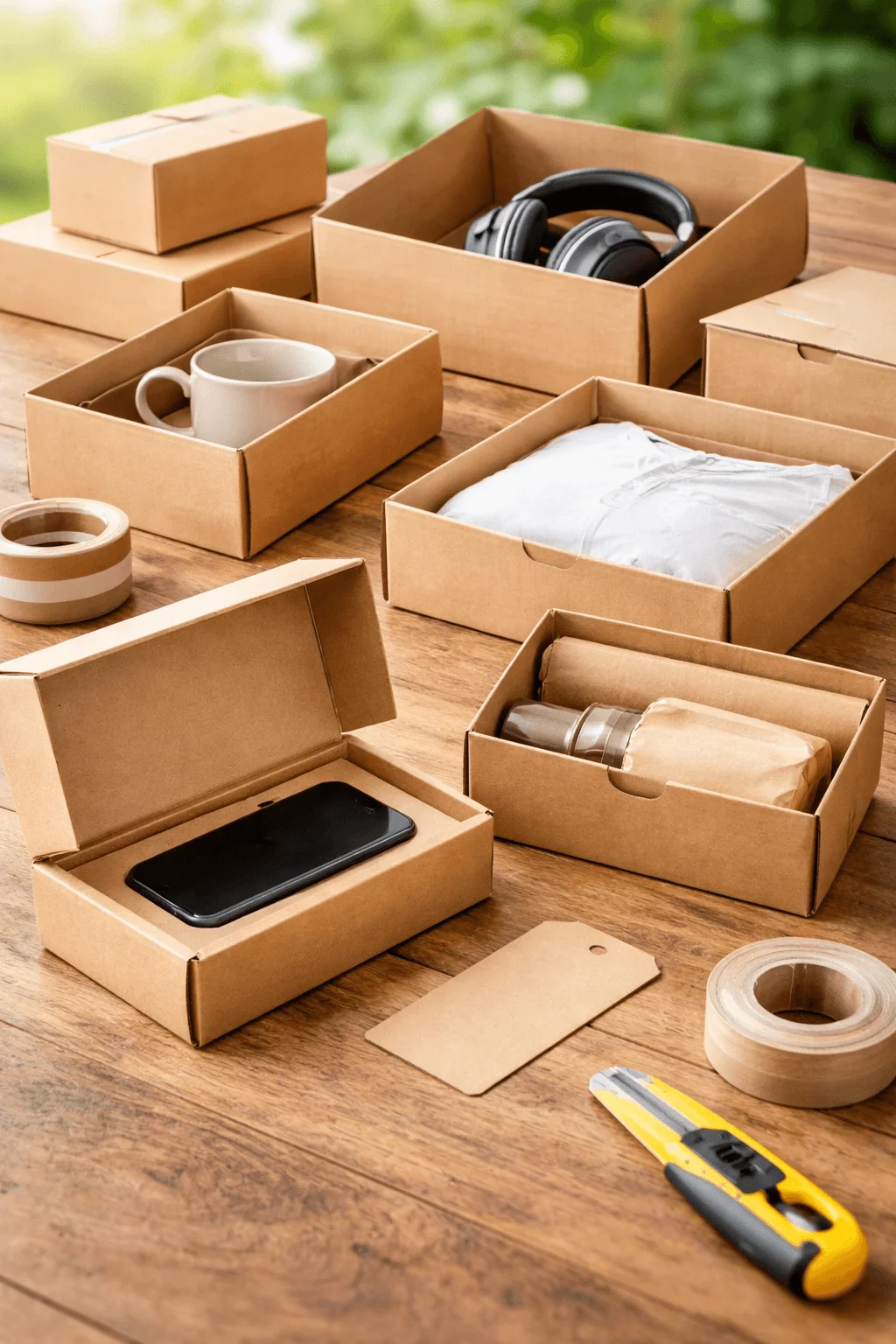 Right sized packaging boxes designed to fit products efficiently, reducing excess space and minimizing material waste while securely holding various items