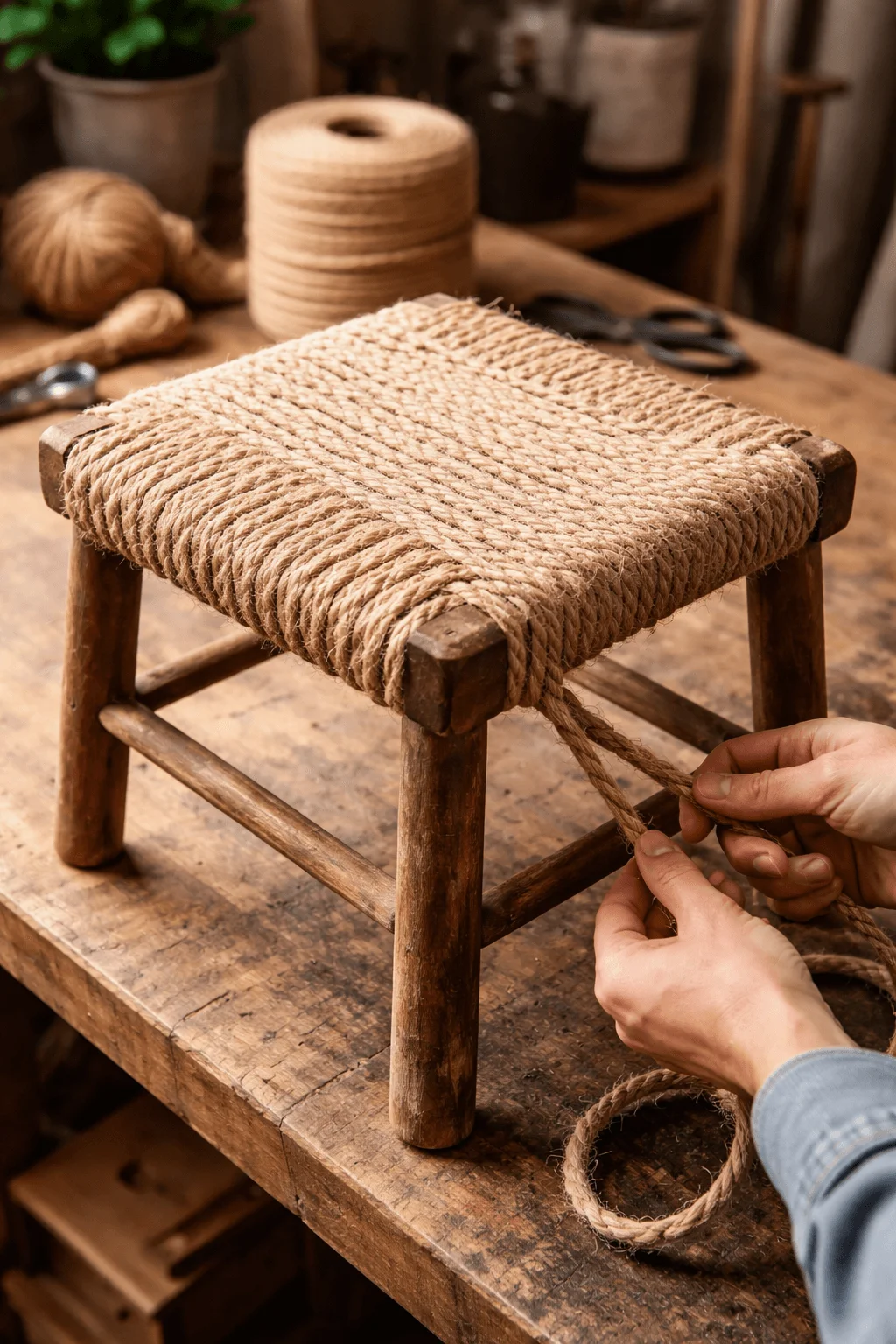 Hand wrapping natural rope around a wooden stool seat to create a rustic DIY woven stool.
