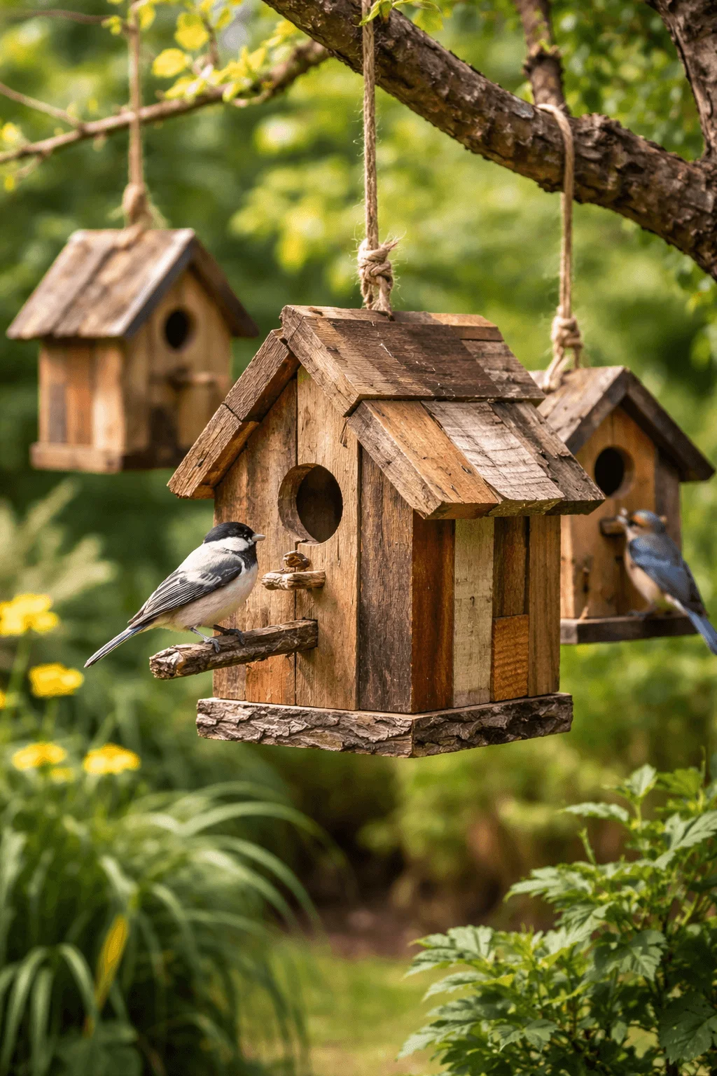 Rustic birdhouses made from scrap wood hanging from a tree branch with small birds perched on them in a garden setting.