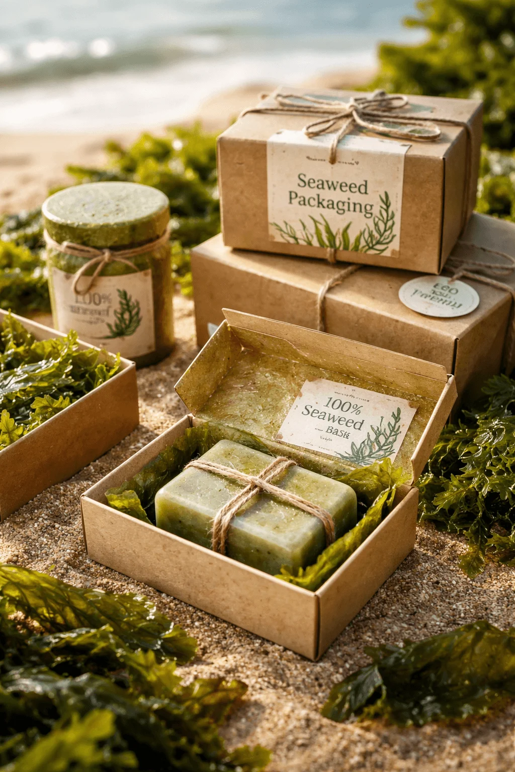 Seaweed based packaging boxes with biodegradable wrapping, featuring natural textures and eco friendly branding displayed on a beach setting