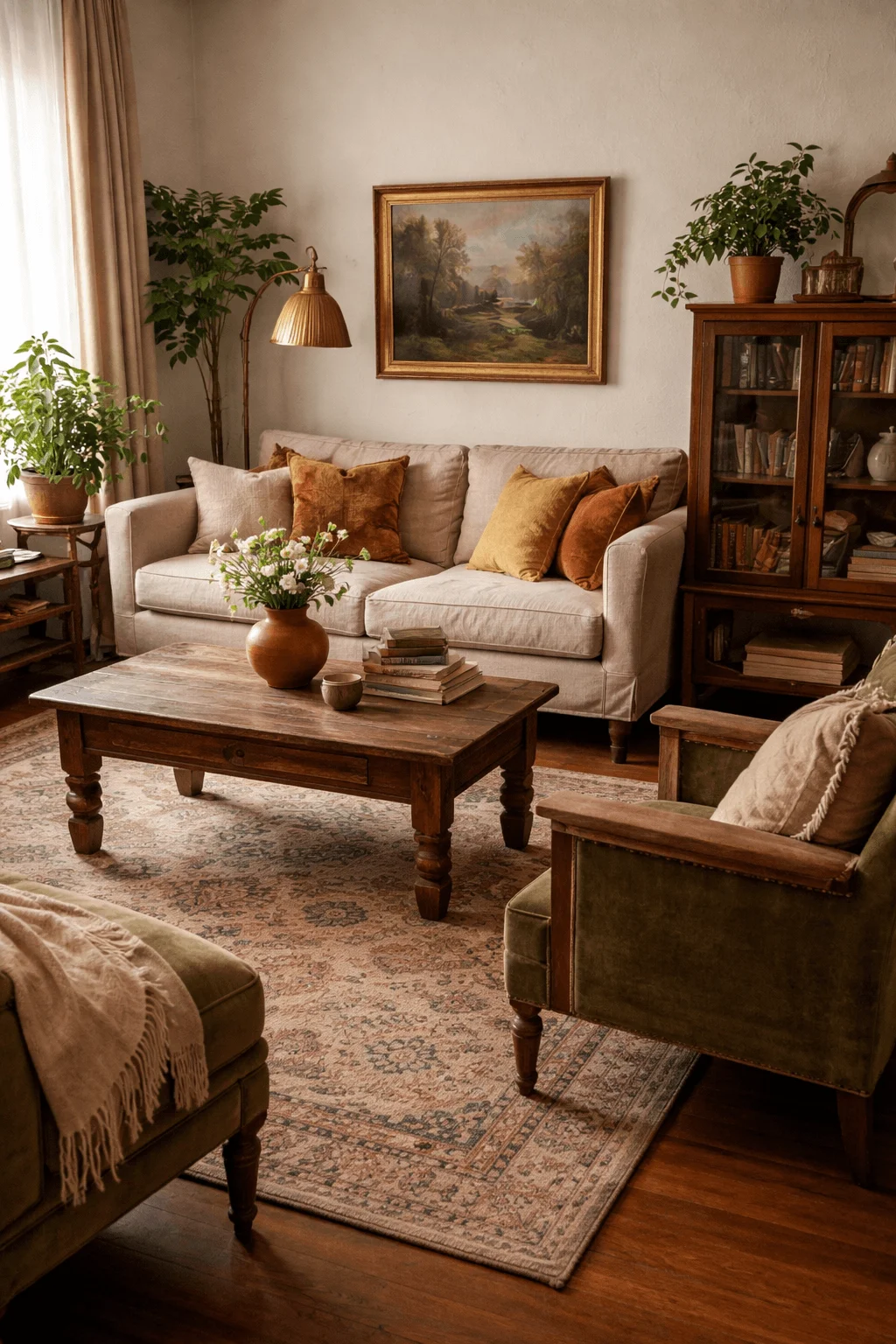 Cozy living room with vintage wooden furniture neutral sofa warm earth tone pillows classic rug indoor plants and antique decor creating a timeless inviting space.