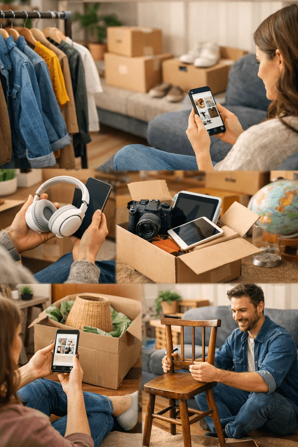 Collage showing people buying and selling secondhand items including clothing electronics furniture and home decor using a smartphone marketplace app with packed boxes and reused products in a home setting.