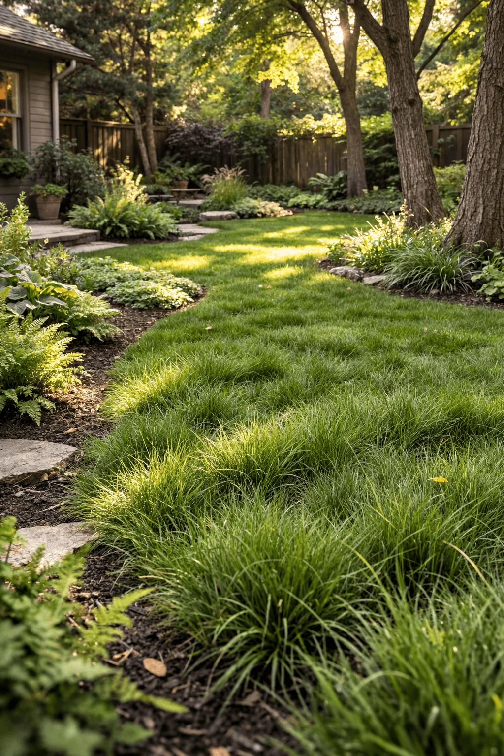 Shaded backyard with a lush sedge lawn featuring soft flowing grass like plants surrounded by trees garden beds and a wooden fence