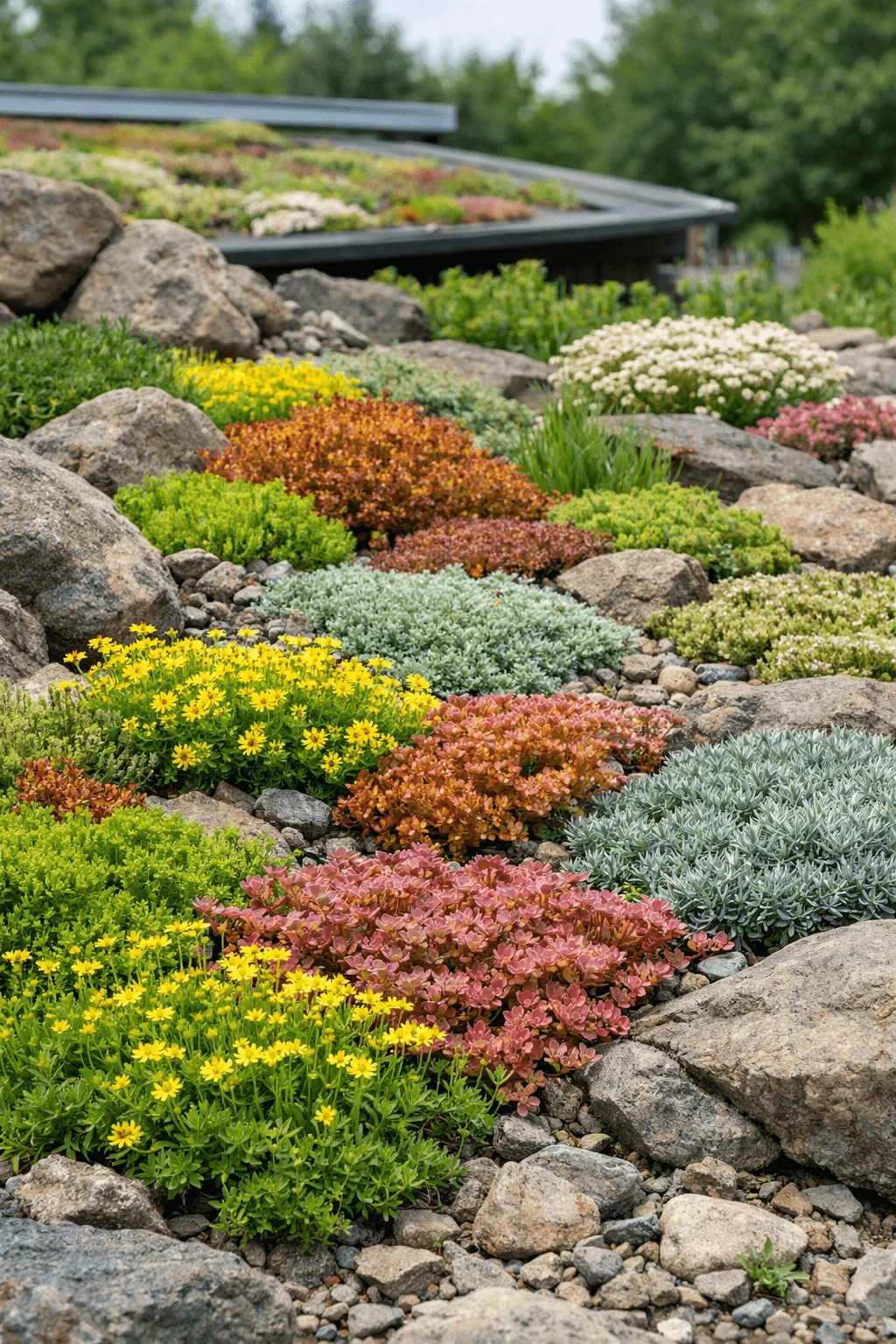 Colorful sedum groundcover plants in a landscaped rock garden with natural stones gravel and a green roof building in the background
