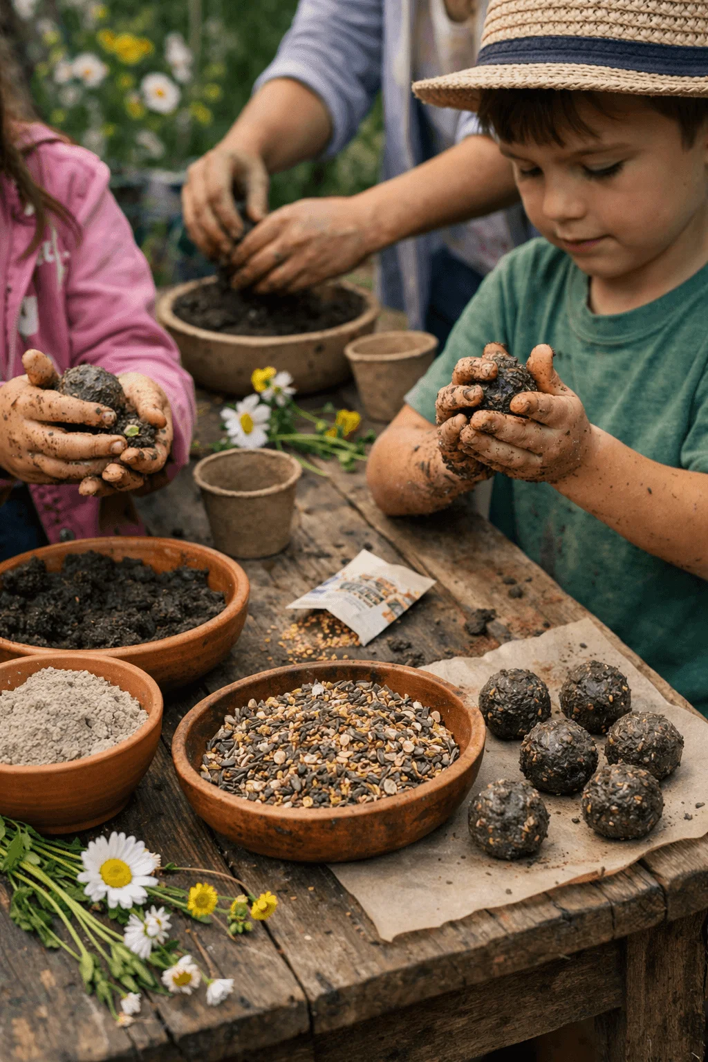 Children making seed bombs at an outdoor table with bowls of soil clay and mixed seeds shaping muddy balls by hand beside small planting pots and fresh flowers