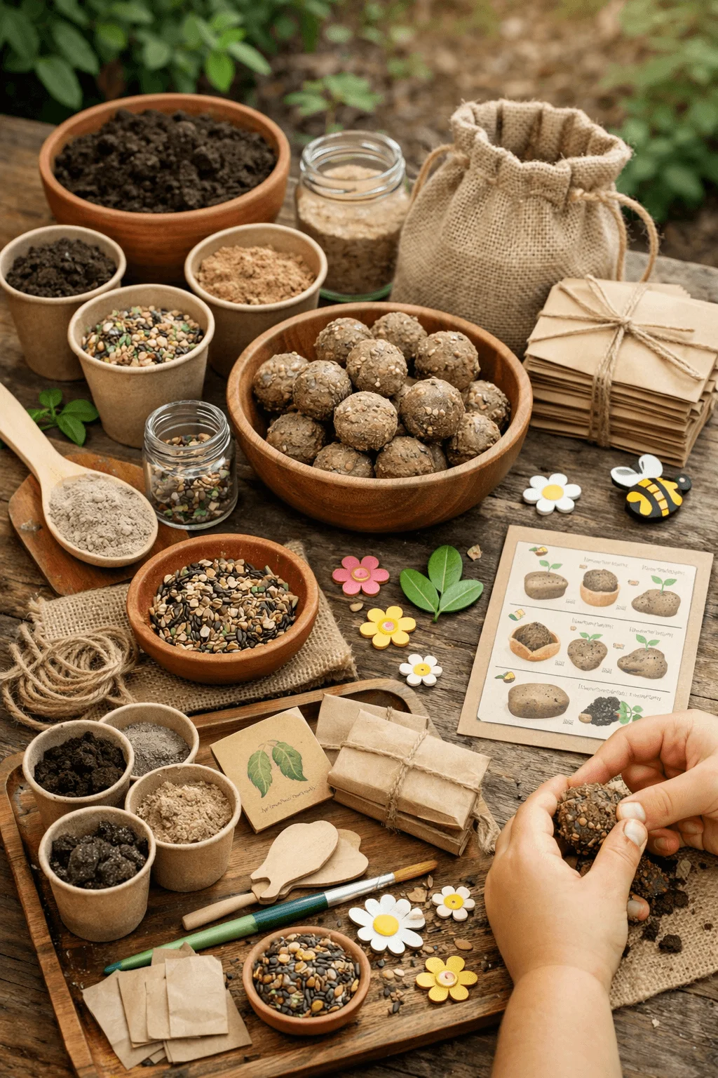 DIY seed bomb craft kit setup with natural ingredients including soil clay and mixed seeds arranged in bowls with eco friendly packaging paper packets and instructions for making plantable seed balls.