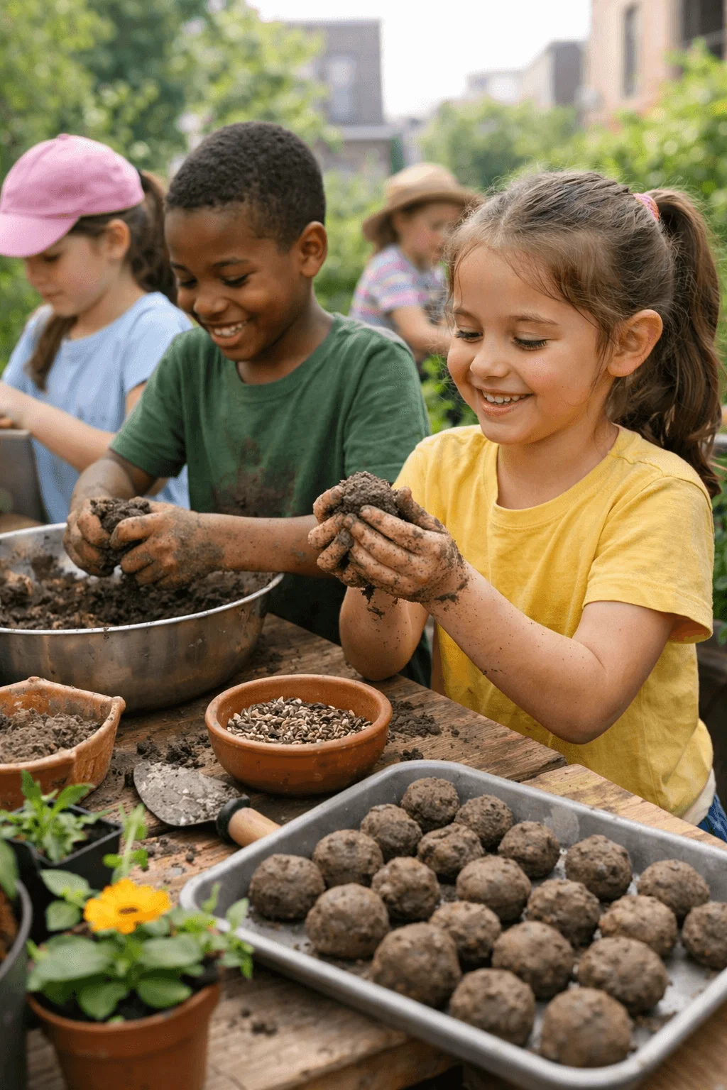 Children sitting at an outdoor wooden table making seed bombs by mixing soil and seeds in a metal bowl. Two kids smile while shaping muddy balls with their hands, with a tray of finished seed balls beside them. Small bowls of seeds, gardening tools, and potted plants are arranged on the table in a sunny garden setting.