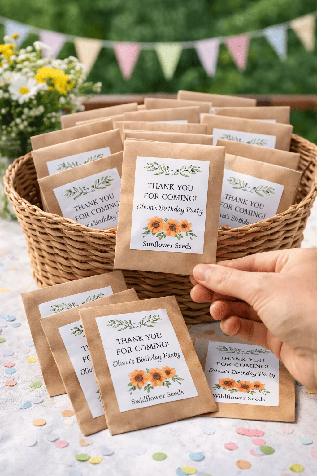 Basket filled with small kraft paper seed packets labeled thank you for coming Olivia’s birthday party sunflower and wildflower seeds with floral illustrations a hand holding one packet colorful confetti on the table and pastel bunting in a garden setting