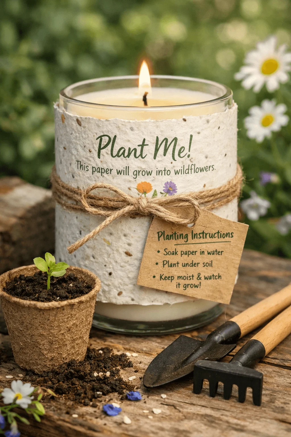 Candle wrapped in biodegradable seed paper labeled “Plant Me” with planting instructions, displayed with a small seedling pot and gardening tools outdoors