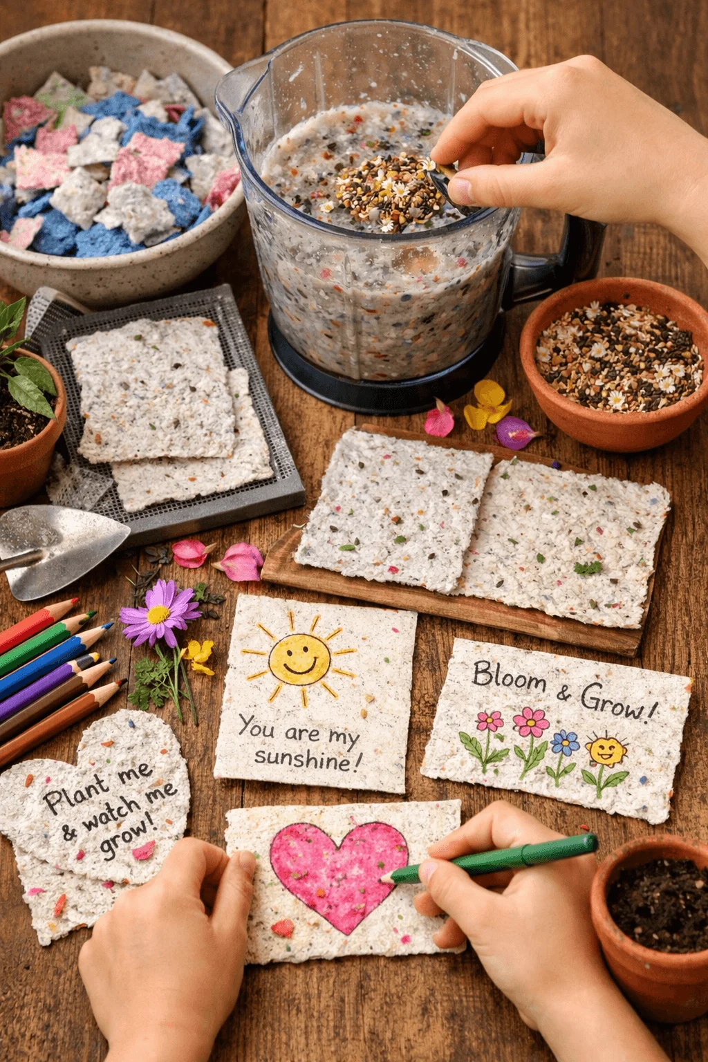 Hands on creation of seed paper greeting cards where recycled paper pulp mixed with wildflower seeds is shaped into eco friendly cards. The finished cards feature cheerful drawings and messages like “Bloom and Grow” and “You are my sunshine,” and can be planted in soil to grow flowers, turning a simple greeting into a sustainable living gift.