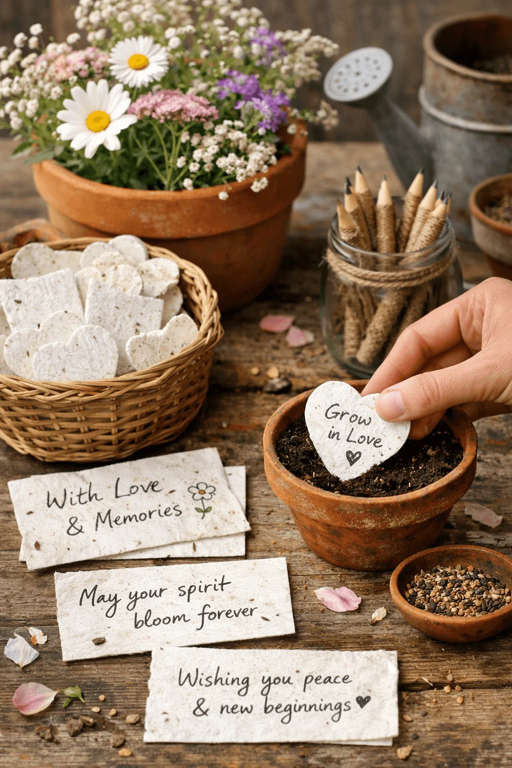 Hand placing a heart shaped seed paper message reading Grow in Love into a small terracotta pot filled with soil on a rustic wooden table surrounded by wildflowers seed packets handwritten notes and gardening supplies