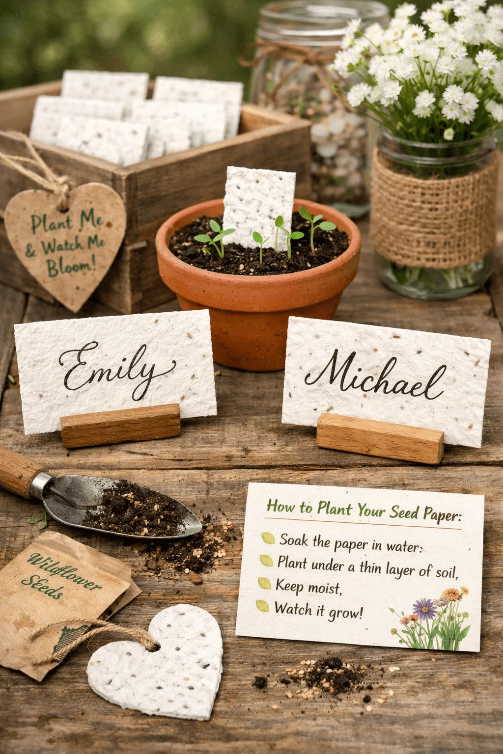 Seed paper place cards with names displayed on a rustic wooden table beside a small terracotta pot with seedlings wildflower seed packet gardening tools and a planting instruction card in a natural themed setting