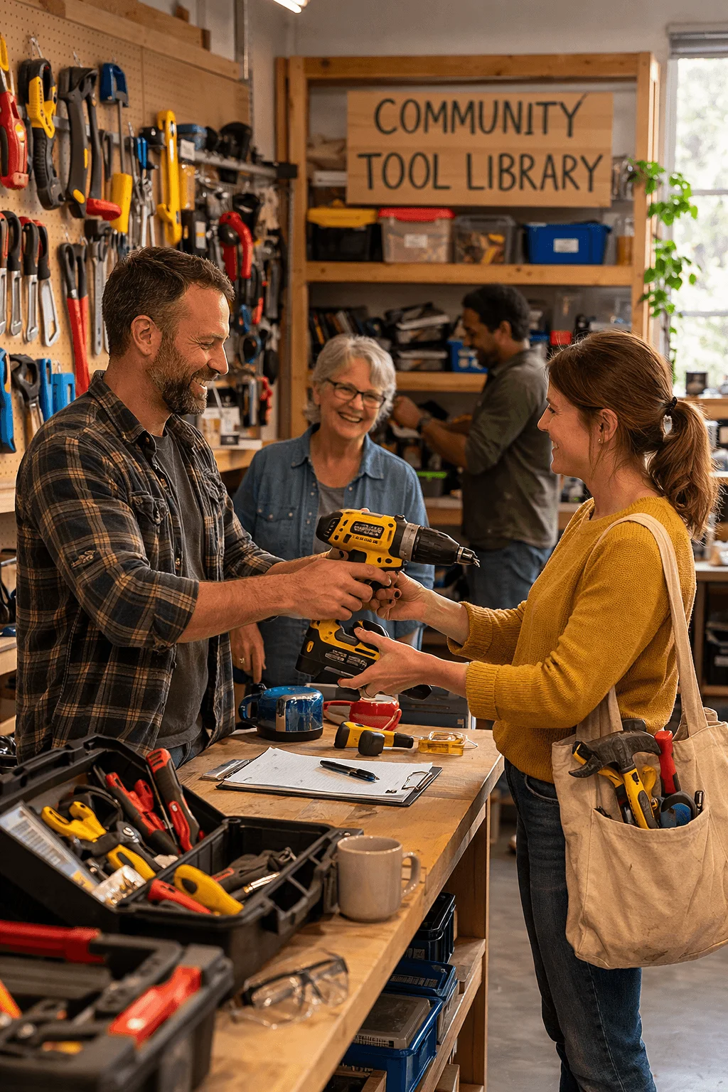 People borrowing tools at a community tool library, sharing resources instead of buying new equipment.
