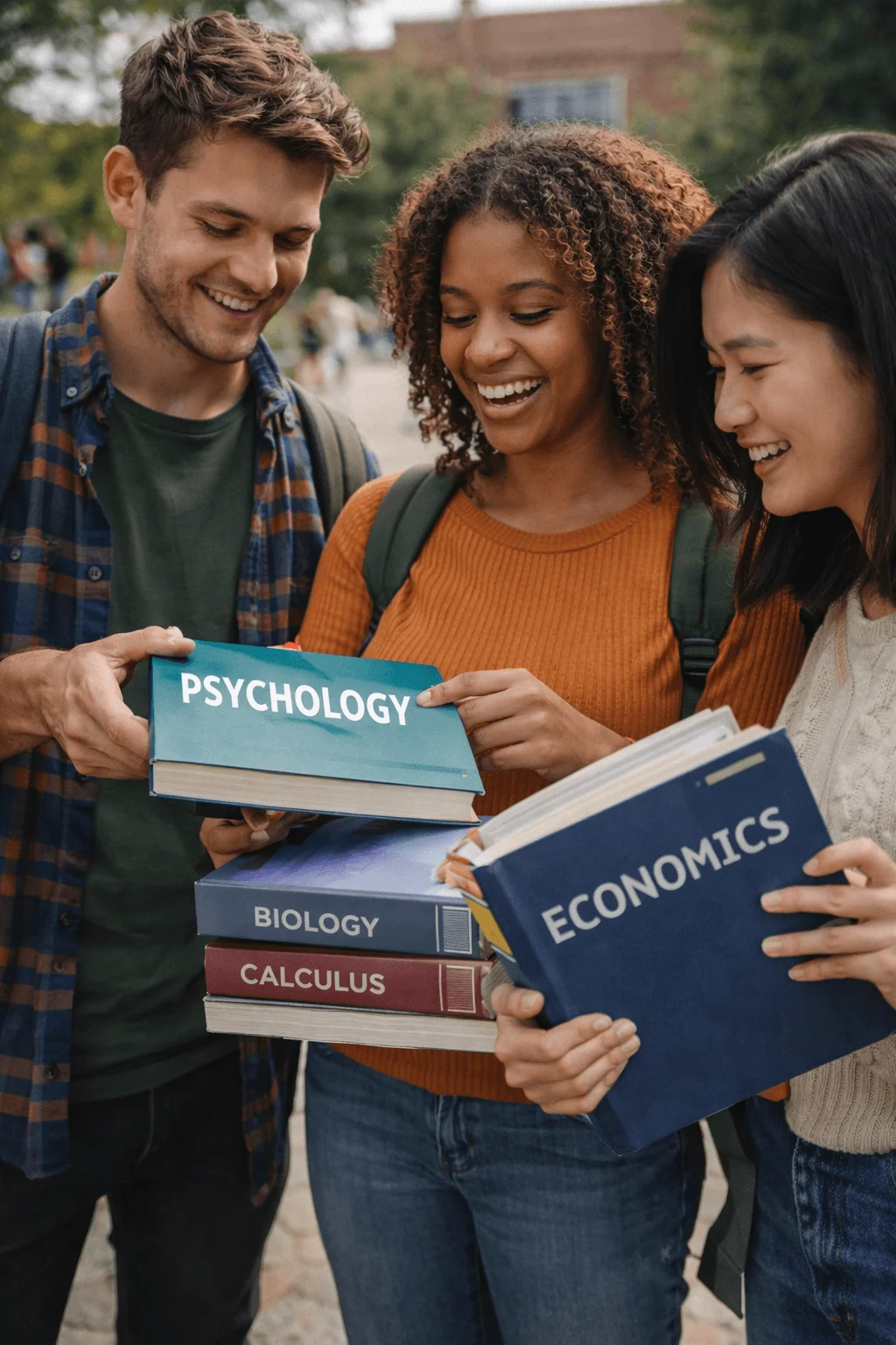 Students sharing and exchanging textbooks such as psychology, biology, calculus, and economics on a campus, illustrating borrowing or sharing study materials.