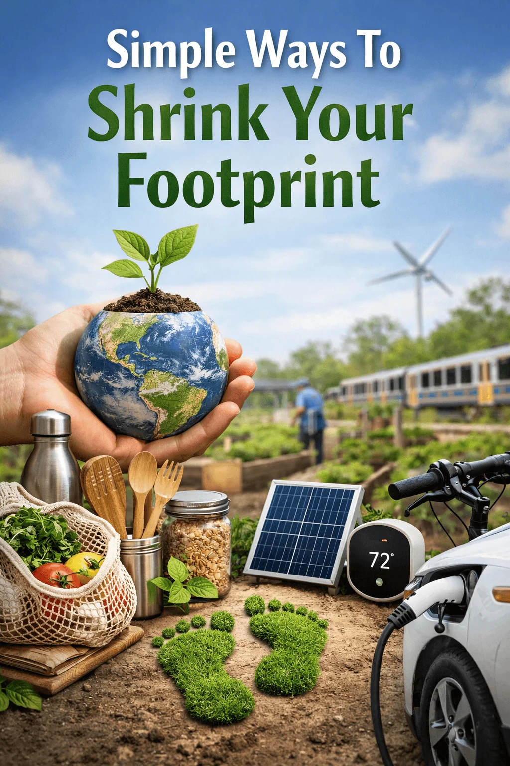 A sustainability-themed poster titled “Simple Ways to Shrink Your Footprint,” showing a hand holding a small Earth with a growing plant, alongside eco-friendly items like reusable utensils, a water bottle, solar panel, smart thermostat, electric car charger, bicycle, and a community garden with wind turbines in the background.
