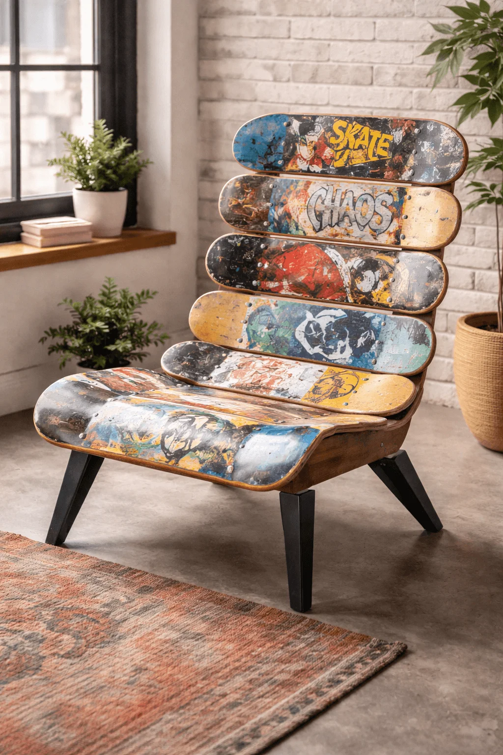 Chair made from stacked skateboard decks with colorful graphics and black legs in a modern industrial room.