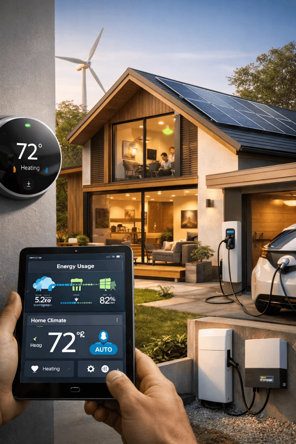 Smart energy-efficient home with solar panels, wind turbine, electric vehicle charger, and tablet-controlled smart thermostat monitoring energy usage and home climate.