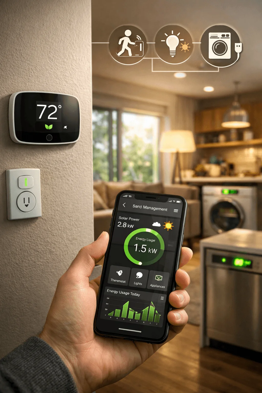 Smart home energy management system controlling thermostat, lighting, and appliances through a mobile app.