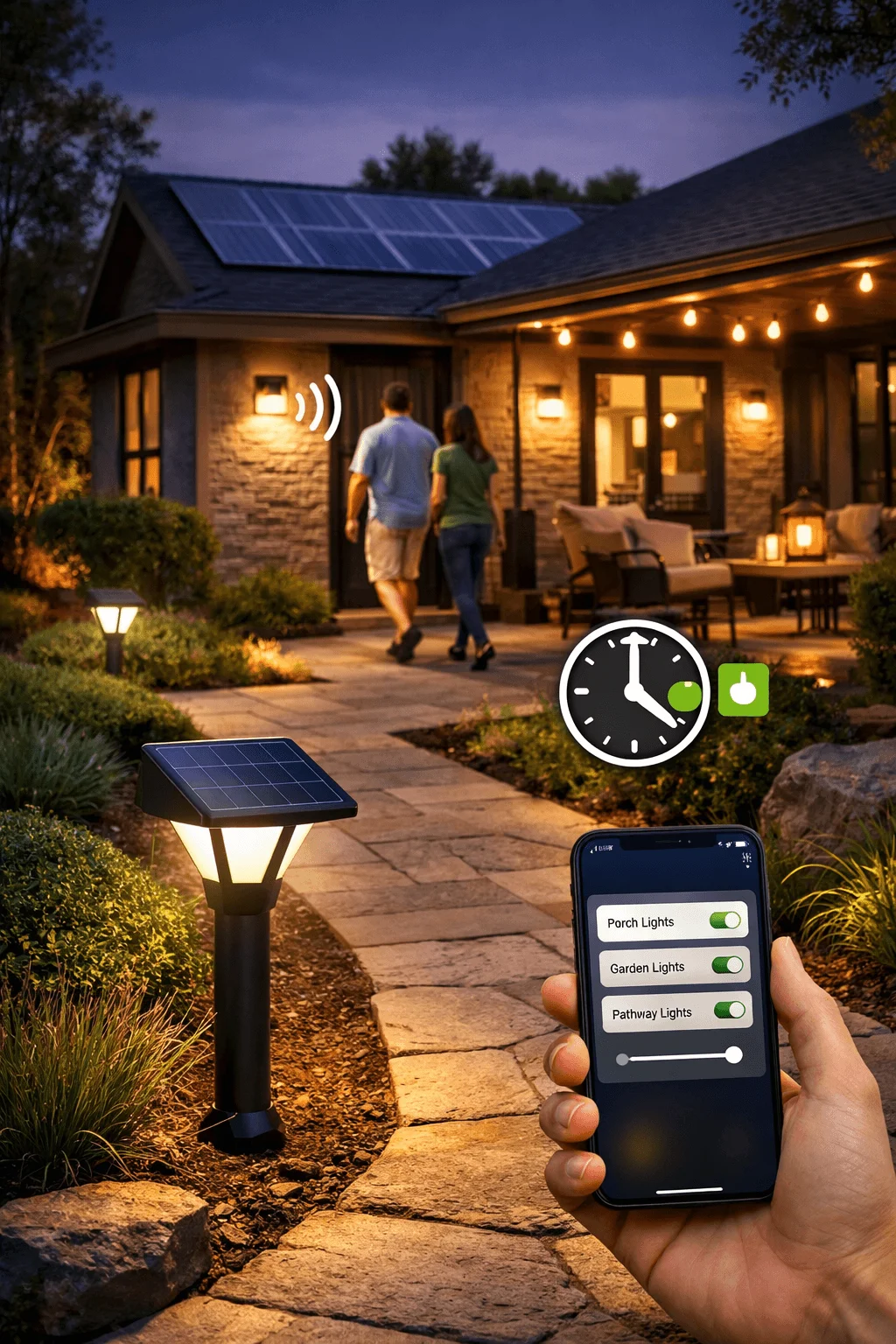 Eco-friendly home exterior featuring smart exterior lighting systems powered by solar energy. The pathway lights include integrated solar panels and can be controlled through a mobile app, allowing users to schedule or adjust lighting for the porch, garden, and walkways. Motion sensors and timers improve energy efficiency while providing safe and convenient illumination around the home at night.